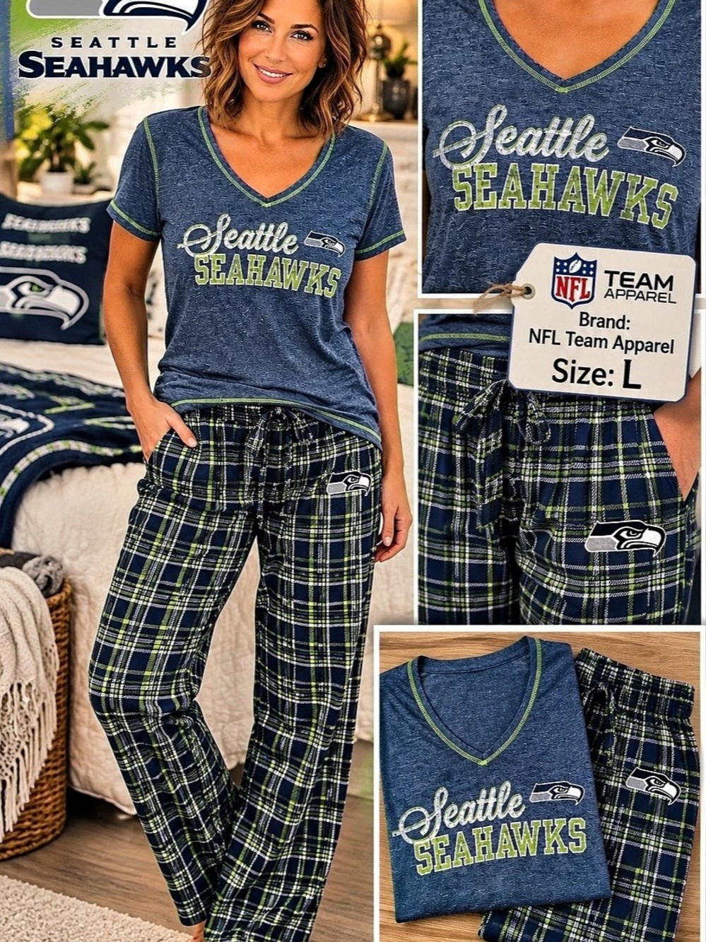 NFL Team Apparel Seattle Seahawks Women's V-Neck Tee and Plaid Flannel Pajama
